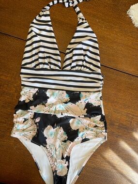 Striped Halter Floral One-Piece Swimsuit - Black, White & Blue